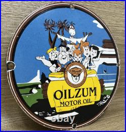 Vintage Oilzum Motor Oil Porcelain Sign Metal Gas White & Bagley USA Flintstones