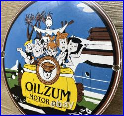 Vintage Oilzum Motor Oil Porcelain Sign Metal Gas White & Bagley USA Flintstones