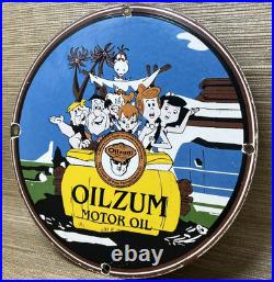 Vintage Oilzum Motor Oil Porcelain Sign Metal Gas White & Bagley USA Flintstones