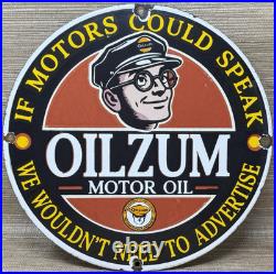 Vintage Oilzum Motor Oil Porcelain Sign Metal White & Bagley USA Gas Station