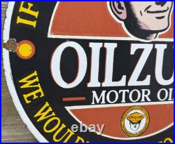 Vintage Oilzum Motor Oil Porcelain Sign Metal White & Bagley USA Gas Station