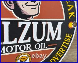 Vintage Oilzum Motor Oil Porcelain Sign Metal White & Bagley USA Gas Station