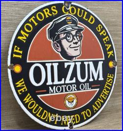Vintage Oilzum Motor Oil Porcelain Sign Metal White & Bagley USA Gas Station