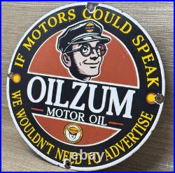 Vintage Oilzum Motor Oil Porcelain Sign Metal White & Bagley USA Gas Station