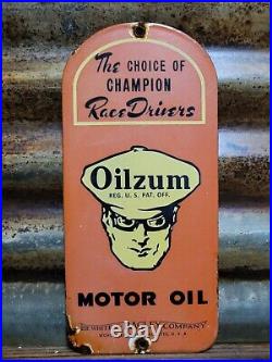 Vintage Oilzum Porcelain Sign 1962 Motor Oil Gas Station Service Garage Man