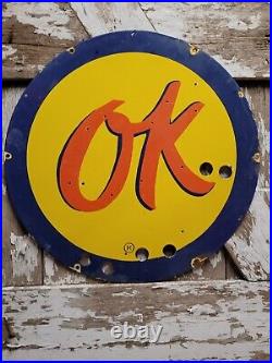 Vintage Ok Porcelain Sign 24 Large Neon Skin Used Car Dealer Gas Sales Service