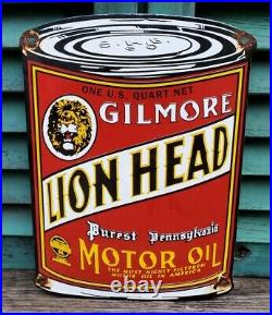 Vintage Old Gilmore Lion Head Motor Oil Can Porcelain Dealer Advertising Sign