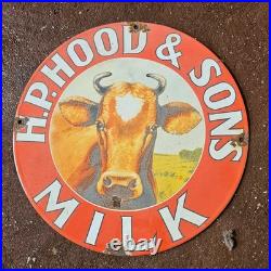 Vintage Old HP Hood Sons Milk Red Co Gasoline Oil Gas Pump Enamel Porcelain Sign