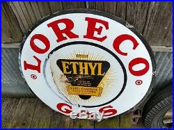 Vintage Original 30 LORECO Ethyl Gasoline Porcelain Sign Lousiana Oil Co