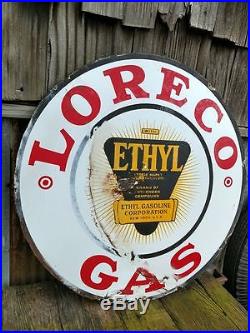 Vintage Original 30 LORECO Ethyl Gasoline Porcelain Sign Lousiana Oil Co