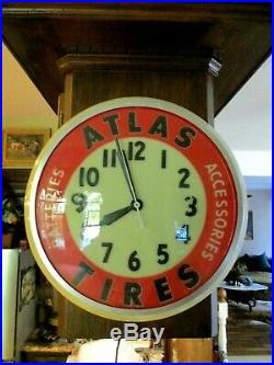 Vintage Original Dualite Lighted Advertising Clock Atlas Tires Gas Station Oil