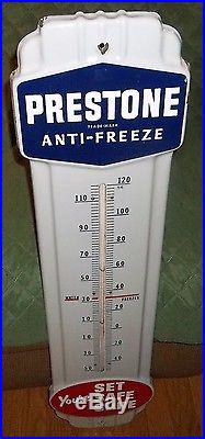 Vintage Original PRESTONE Anti-Freeze Gas Oil Porcelain Thermometer Sign Works &