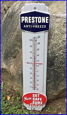 Vintage Original PRESTONE Anti-Freeze Gas Oil Porcelain Thermometer Sign Works