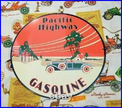 Vintage Pacific Highway Porcelain Gasoline Service Station Old Car Auto Sign