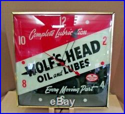 Vintage Pam Clock Wolf's Head Motor Oil 1960s Garage Art. Runs & Looks Great