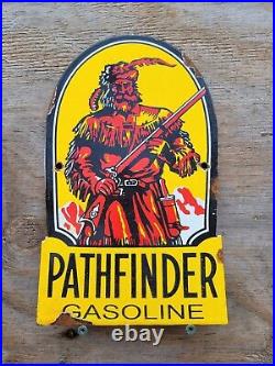 Vintage Pathfinder Gasoline Porcelain Sign Viking Hunting Mountain Man Oil Gas
