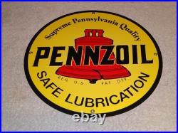 Vintage Pennzoil Safe Lubrication Pennsylvania Oil 12 Porcelain Metal Gas Sign