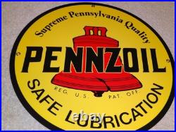 Vintage Pennzoil Safe Lubrication Pennsylvania Oil 12 Porcelain Metal Gas Sign