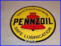 Vintage Pennzoil Safe Lubrication Pennsylvania Oil 12 Porcelain Metal Gas Sign