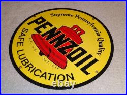 Vintage Pennzoil Safe Lubrication Pennsylvania Oil 12 Porcelain Metal Gas Sign