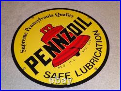 Vintage Pennzoil Safe Lubrication Pennsylvania Oil 12 Porcelain Metal Gas Sign