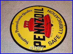 Vintage Pennzoil Safe Lubrication Pennsylvania Oil 12 Porcelain Metal Gas Sign