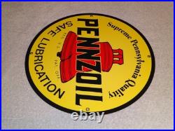 Vintage Pennzoil Safe Lubrication Pennsylvania Oil 12 Porcelain Metal Gas Sign