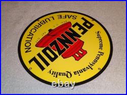 Vintage Pennzoil Safe Lubrication Pennsylvania Oil 12 Porcelain Metal Gas Sign