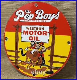Vintage Pep Boys Motor Oil Porcelain Sign Gasoline Station Pump Plate Service
