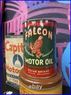 Vintage Petroleum Falcon Motor Oil Oscar Bryant Hollis, OK. Advertising Tin Can Vintage Petroleum Falcon Motor Oil Oscar Bryant Hollis, OK. Advertising Tin Can
