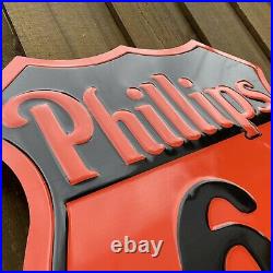 Vintage Phillips 66 Embossed Metal Sign Porcelain USA Oil Gas Petroleum Garage