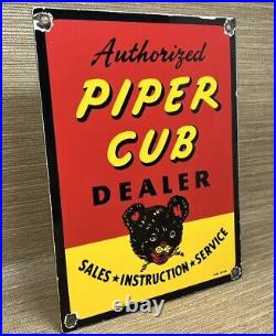 Vintage Piper Cub Porcelain Sign Gas Station Pump Plat Sales Service Instruction