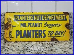 Vintage Planters Porcelain Sign Mr Peanut Gas Station Snack Nuts USA Oil Service