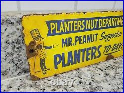 Vintage Planters Porcelain Sign Mr Peanut Gas Station Snack Nuts USA Oil Service