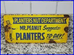 Vintage Planters Porcelain Sign Mr Peanut Gas Station Snack Nuts USA Oil Service