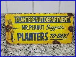 Vintage Planters Porcelain Sign Mr Peanut Gas Station Snack Nuts USA Oil Service