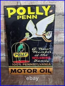 Vintage Polly Penn Motor Oil Gasoline Pure Penn Porcelain Pump Sign 12 X 8