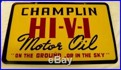 Vintage Porcelain Champlin Hi-v-i Motor Oil Sign 2 Sided Great Color Shine Rare