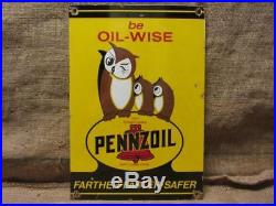 Vintage Porcelain Pennzoil Motor Oil Owl Sign RARE Antique Service Station 9837