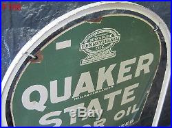Vintage Porcelain Quaker State Motor Oil Tombstone Sign Original Stand Rare 1932