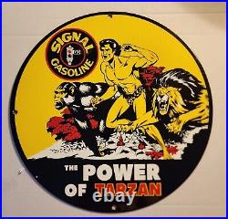 Vintage Porcelain Sign Advertising Signal Gasoline Power Of Tarzan Oil And Gas
