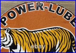 Vintage Power Lube Motor Oil Porcelain Sign Tiger Gas Station Pump Plate Service