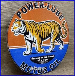 Vintage Power Lube Motor Oil Porcelain Sign Tiger Gas Station Pump Plate Service
