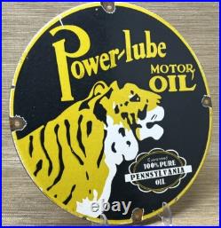 Vintage Power Lube Motor Oil Porcelain Sign Tiger Gas Station Pump Plate Service Vintage Power Lube Motor Oil Porcelain Sign Tiger Gas Station Pump Plate Service