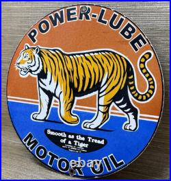 Vintage Power Lube Motor Oil Porcelain Sign Tiger Gas Station Pump Plate Service