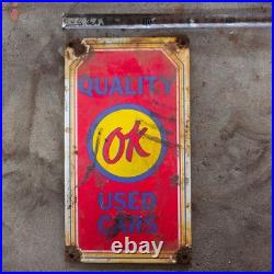 Vintage Quality Ok Used Cars Old Us Gasoline Oil Gas Pump Enamel Porcelain Sign
