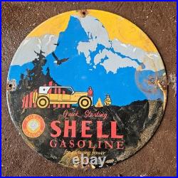 Vintage Quick Shell Enduring Powe Us Gasoline Oil Gas Pump Enamel Porcelain Sign