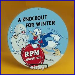 Vintage RPM Motor Oil Porcelain Sign Gas Station Pump Plate Disney Donald Duck