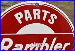 Vintage Rambler Partsn & Service Porcelain Dealership Sign Gas Station Pump Oil