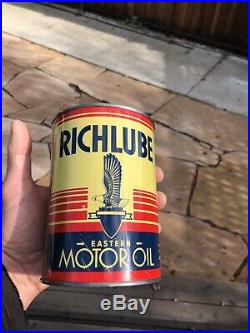 Vintage Rare Richfield Richlube Eastern Motor Oil Quart Can Very Nice Condition